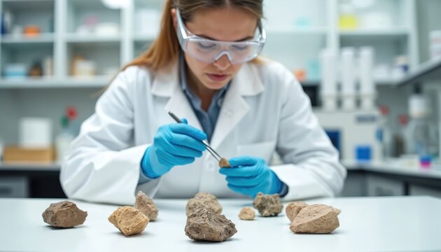 Female scientist examines rock samples in lab. Geologist studies earth minerals with tools. Researcher analyzes geology data for scientific discovery.