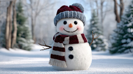 Happy and cute smiling snowman figure wearing festive scarf for winter christmas holiday. This adorable character stands in beautiful outdoor snow scene