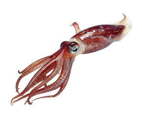 A raw squid with tentacles and fins, isolated on transparent background