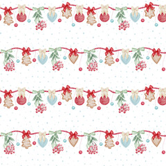 Christmas seamless pattern with festive garland and holiday decorations. Pattern with watercolor garland, cookies, ornaments, bows, mistletoe, and berries 
without background.