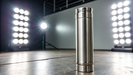 Stainless steel thermos bottle with studio lighting and background