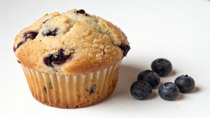 Delicious blueberry muffin with fresh berries on white background