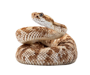 A coiled rattlesnake with intricate scale patterns, isolated on transparent background