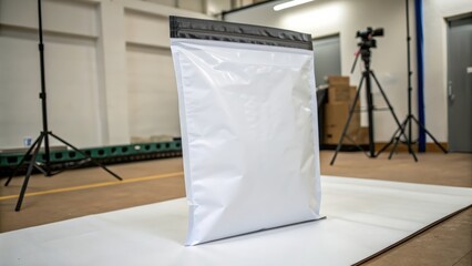 White packaging bag standing on a surface in a studio environment with camera equipment