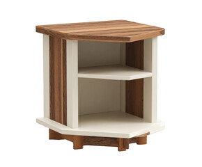 Unique hexagonal corner accent table with natural wood top and white frame, isolated on transparent background