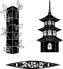Black Japanese pagoda, pillar with leaves, and stylized boat vector set for asian culture, travel, ancient architecture, nature, tranquility, and design elements.
