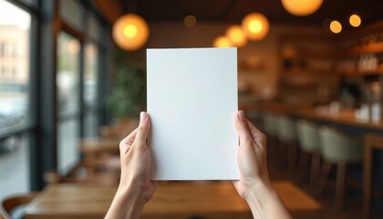 Person holds up blank white card in cafe. Displaying empty paper, message or info. Cafe interior, table blurred background. Copy space for business ad promo.