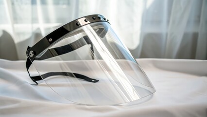 Protective face shield on white surface with soft natural lighting