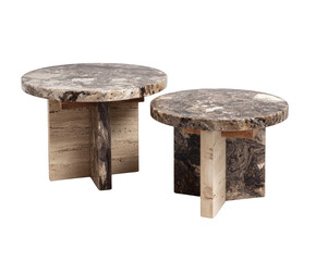 Two rustic travertine coffee tables with unique crossleg bases, isolated on transparent background