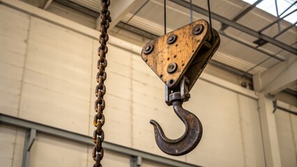 Industrial crane hook and pulley system in warehouse setting