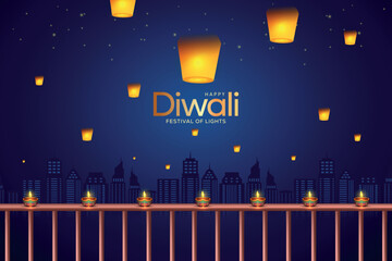 Happy Diwali greeting design with oil lamps lit on a balcony railing with floating lantern in the night sky background. Indian hindu festival concept for poster, banner. © RMAKE