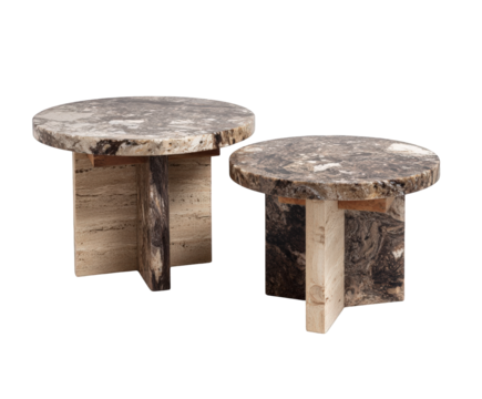 Two rustic travertine coffee tables with unique crossleg bases, isolated on transparent background