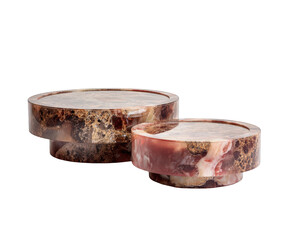 Two decorative agate coasters with a marbled brown and pink stone pattern, isolated on transparent background
