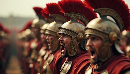Obraz premium Row of Roman soldiers in armor and red crest helmets shout orders. Men wear red tunics and metal chest plates. They stand in formation ready for battle. Ancient warriors in uniform.