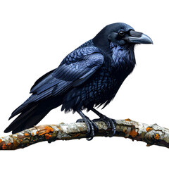 Fototapeta premium Close-Up Raven Facing Left on Curved Tree Branch, Feathers Detailed, Isolated PNG 