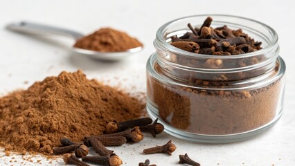 Close up of ground and whole cloves in glass jar with measuring spoon