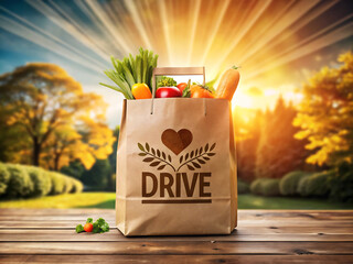 Grocery bag filled with fresh produce on a wooden table with a sunny background