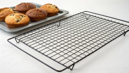 Baking fresh muffins on a cooling rack with stainless steel pan