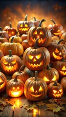 9:16 Halloween pumpkins glowing jack o lantern faces vertical spooky background perfect for advertising banners social media posts posters with empty space for logo or holiday message