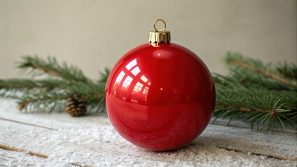 Glossy red christmas ornament surrounded by pine branches on wood background