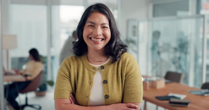 Crossed arms, happy and face of businesswoman in office with confidence for creative career. Laugh, smile and portrait of female magazine editor with pride for publishing at startup workplace.