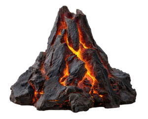 Dangerous volcano model showing powerful eruption. Hot molten lava and magma flow down rocky mountain object. This isolated illustration depicts raw natural power