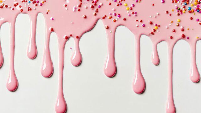 Top-down view of pink paint dripping with colorful sprinkles, resembling a playful, abstract art style, perfect for a creative video backdrop. Live desktop wallpaper.