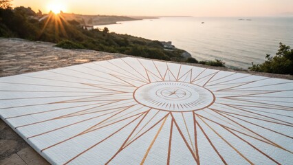 Stylish outdoor geometric design on white surface at sunrise by the sea