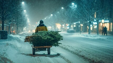 Person is pulling a freshly cut christmas tree on a small hand cart along a snow covered street at night, with snow falling and city lights glowing in the background