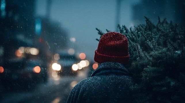 Person wearing a red knit hat carrying a fresh cut christmas tree on their shoulder through a snowy, urban setting at night, with blurred city lights creating a festive bokeh background