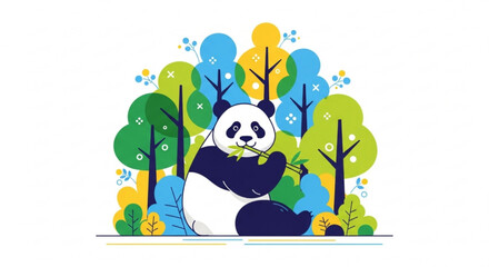 Naklejka premium Illustration of a panda eating bamboo in a forest with colorful trees and plants