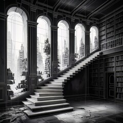  Eerie Black and White Library Cityscape