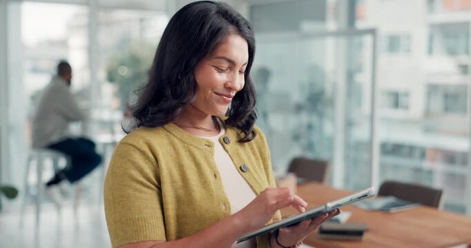 Business, woman or happy with tablet in office for guest list review, venue booking or planning. Coworking, event planner or smile with tech at work for vendor selection process or online reservation