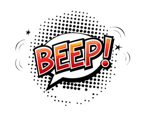 Obraz premium Sound effect bubble with exclamation ‘Beep!’ in retro halftone comic book style