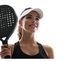 Smiling woman ready to play paddle tennis, energetic fitness concept with modern sporty lifestyle, active woman enjoying paddleball, healthy lifestyle motivation