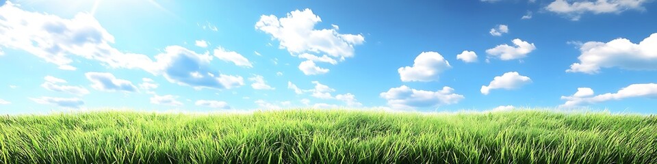 Obraz premium Sunny day meadow landscape wallpaper background with blue sky and fluffy white clouds scenic view nature