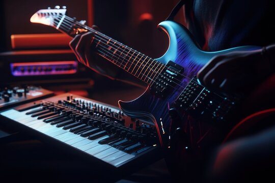 Musician blending guitar performance with electronic music production in a cozy studio