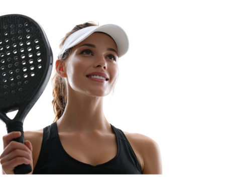 Smiling woman ready to play paddle tennis, energetic fitness concept with modern sporty lifestyle, active woman enjoying paddleball, healthy lifestyle motivation