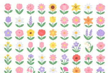 Flat Floral Icon Set &mdash; Colorful Flowers Collection for Spring and Summer Design
