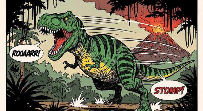 Vintage comic book art of a stomping T Rex.
