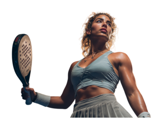 Determined padel player ready for action with racket in hand, focused on winning the match, embodies strength, skill, and competitive spirit, inspiring fitness lifestyle