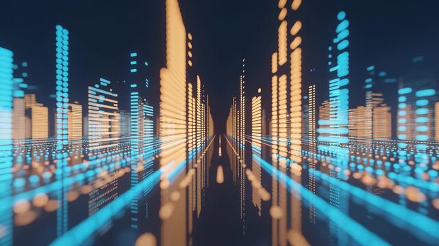 Digital Metropolis: An eye-level perspective unveils a neon cityscape, where vibrant orange and teal lights define the architectural silhouette.