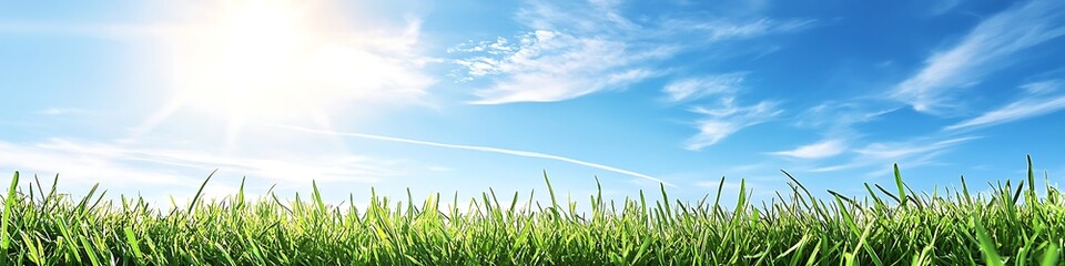 Obraz premium Bright sky above green grass nature background for spring summer season outdoor scenic landscape view