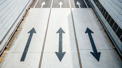 Overhead view of arrow markings on concrete surface in urban environment