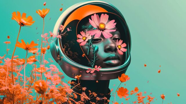 A futuristic female alien warrior astronaut robot wearing a cyber suit and helmet, merging nature and science, decorated with fresh spring red poppy flowers that symbolize the spirit of Valentine&rsquo;s Da