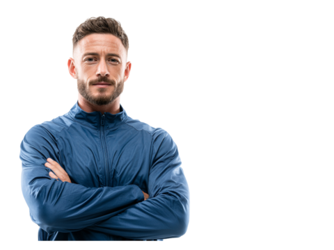 Confident athletic man with arms crossed, showcasing determination and healthy lifestyle, ideal for fitness, sports, and wellness promotions, inspiring trust
