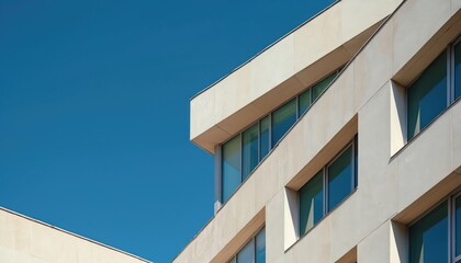 Modern building with beige concrete facade and large blue-tinted windows against clear blue sky. Contemporary architecture with geometric lines and minimalist design. Office or residential building.