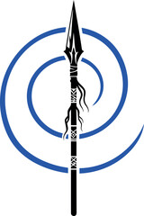 Black tribal spear with ornate wrapping standing on a blue spiral symbol for indigenous culture, ancient weapons, hunting, power, and movement vector illustration.
