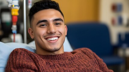 Smiling Young Man in Hospital Room Blood Donation