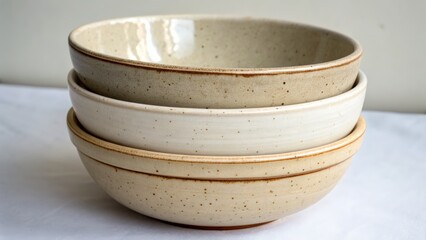 Stacked ceramic bowls with natural speckles and glossy finish